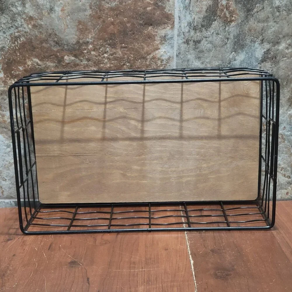 Decorative Black Wire Basket with Natural Wood Board Base